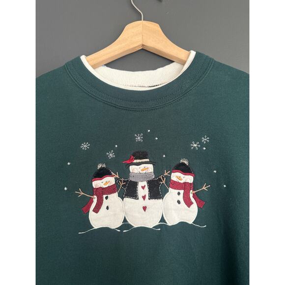 Vintage Double Collar Spruce Green Snowman Christmas Holiday Crewneck Sweater L - Picture 2 of 8